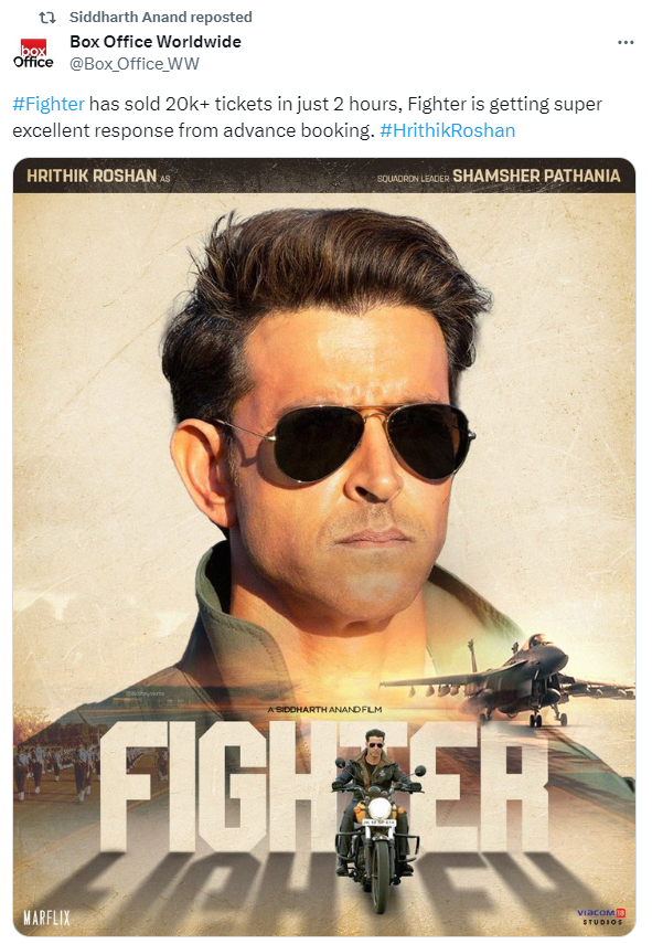 Fighter Advance Booking : लगातार बढ़ रहा है फाइटर का क्रेज धड़ल्ले से बिक रहे है टिकट। Fighter Advance Booking : लगातार बढ़ रहा है फाइटर का क्रेज धड़ल्ले से बिक रहे है टिकट।